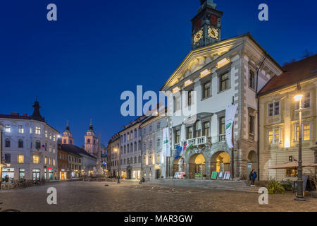 Blick auf Kathedrale von St. Nikolaus und das Rathaus in der Dämmerung, Ljubljana, Slowenien, Europa Stockfoto