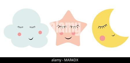 Cute Cloud, Stern und Mond Vector Illustration Stock Vektor