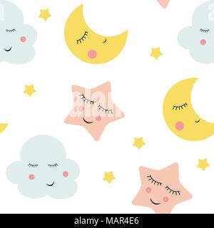 Niedliche Wolken, Sterne und Monde nahtlose Muster Hintergrund Vector Illustration Stock Vektor