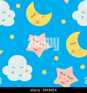 Niedliche Wolken, Sterne und Monde nahtlose Muster Hintergrund Vector Illustration Stock Vektor