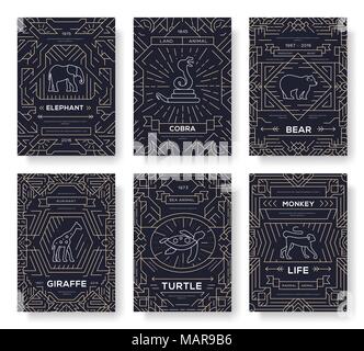 Tier thin line Broschüre Karten gesetzt. exotische traditionelle Vorlage von flyear, Zeitschriften, Plakate, Cover, Banner. Wild life Übersicht Einladung Konzept Hintergrund. Layout Qualität moderne Seiten Stock Vektor