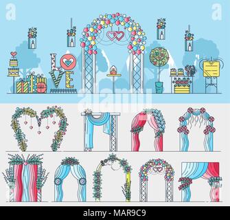 Satz von chancels für Hochzeitsfeier mit verschiedenen Blumen und Dekorationen. Layout moderne vector Hintergrund Illustration Design Konzept Stock Vektor