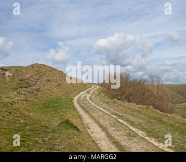 Ein Winter Blick entlang eines Chalk Titel aufsteigend die Chalk Hügel des Deverills in Wiltshire. Stockfoto