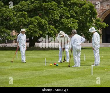 Vier Männer Krocket Spielen auf dem Rasen. Stockfoto