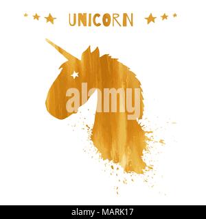 Magic unicorn Kopf logo Schablone mit goldenen Aquarell Spritzer, Sterne auf weißem Hintergrund. Kinder Illustration für Design druckt, Gruß ca Stock Vektor