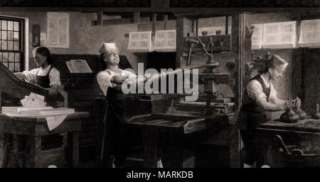 Benjamin Franklin bei der Arbeit auf einer Druckmaschine.