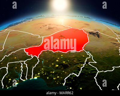 Sonnenaufgang über Niger in Rot hervorgehoben auf dem Modell des Planeten Erde im Weltraum mit sichtbaren Grenzen. 3D-Darstellung. Elemente dieses Bild liefern Stockfoto