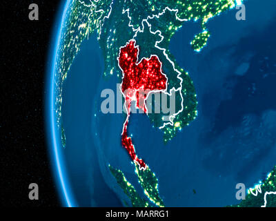 Platz orbit Ansicht von Thailand in Rot hervorgehoben auf dem Planeten Erde bei Nacht mit sichtbaren Grenzen und die Lichter der Stadt. 3D-Darstellung. Elemente der Th Stockfoto