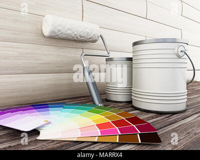 Paint Cans, Rollen- und Paint cartela stehend auf alten Holzboden. 3D-Darstellung. Stockfoto