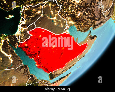 Saudi-arabien im frühen Morgenlicht rot markiert auf dem Planeten Erde mit sichtbaren Grenzen und die Lichter der Stadt. 3D-Darstellung. Elemente im Stockfoto