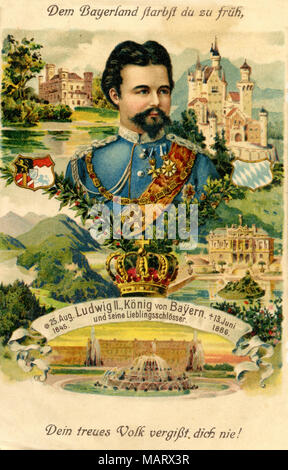 Ludwig II. (1845-1886), König von Bayern, und seine Burgen. "Sie starben zu früh für die Bayern Land. Ihre treue Menschen werden Dich nie vergessen! Stockfoto