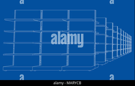 Racks mit Regalen Skizze. 3D-Darstellung Stockfoto