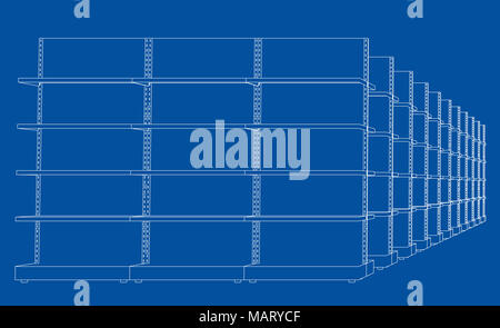 Racks mit Regalen Skizze. 3D-Darstellung Stockfoto