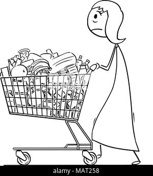 Cartoon von Müde Frau oder Geschäftsfrau drücken Warenkorb voller Waren Stock Vektor