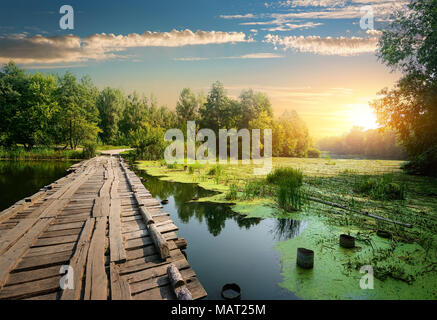 Brücke über einen sumpfigen Fluss auf Sonnenaufgang Stockfoto