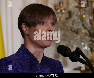 Washington DC April 3, 2018. Präsident Kersti Kaljulaid Estlands; nimmt an einer Pressekonferenz mit Führern der Baltischen Staaten Stockfoto