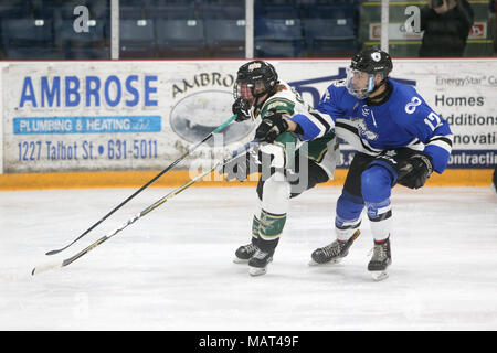 3. April 2018, St. Thomas, Ontario, Kanada. Die Londoner Staatsangehörigen fegte die Hl. Thomas Sterne in 4 gerade Spiele in der Rechnung Wehr Konferenz endgültig. Nach 2 Perioden die Angehörigen 2-1 in einem engen Spiel, aber in der dritten Periode Jack Webb führen hinzugefügt, um die Versicherung Marker und der London schaute nie zurück mit einem 4-1 Sieg. In diesem Jahr gab es auch 2 Endspiel der MVP Branden Trottier (44) und Torwart David Ovsjannikov (35) beide Spieler in der obersten Ebene gespielt. Lukas Durda/Alamy leben Nachrichten Stockfoto