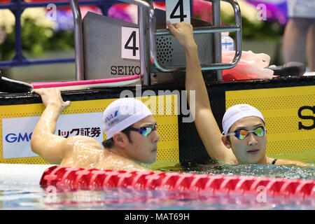 Tatsumi International Swimming Centre, Tokyo, Japan. 3 Apr, 2018. (L und R) Daiya Seto, Rikako Ikee, 3. APRIL 2018 - Schwimmen: JAPAN SCHWIMMEN 2018 Ausbildung bei Tatsumi International Swimming Centre, Tokyo, Japan. Credit: YUTAKA/LBA SPORT/Alamy leben Nachrichten Stockfoto