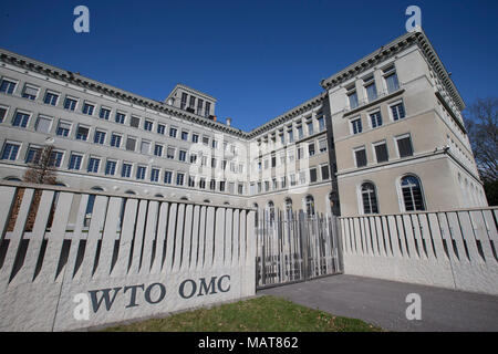 Peking, China. 4 Apr, 2018. Foto am 4. April, 2018 zeigt die Welthandelsorganisation (WTO) in Genf, Schweiz. Credit: Xu Jinquan/Xinhua/Alamy leben Nachrichten Stockfoto