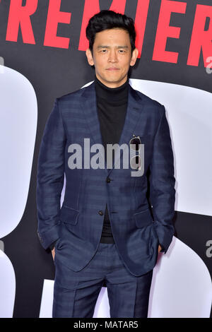 John Cho die Teilnahme an der 'Blocker' Premiere im Regency Dorf Theater am 3. April in Los Angeles, Kalifornien 2018. Stockfoto