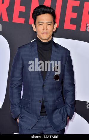 John Cho die Teilnahme an der 'Blocker' Premiere im Regency Dorf Theater am 3. April in Los Angeles, Kalifornien 2018. Stockfoto