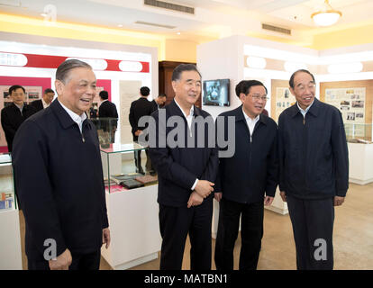 Shanghai, China. 3 Apr, 2018. Wang Yang (2 l), Vorsitzender des 13. Nationalen Ausschuss der Chinese People's Political Consultative Conference (Cppcc), ebenfalls Mitglied des Ständigen Ausschusses des Politbüros der Kommunistischen Partei Chinas (CPC) Zentralausschuss, inspiziert in Shanghai, China, April 3, 2018. Credit: Wang Ye/Xinhua/Alamy leben Nachrichten Stockfoto