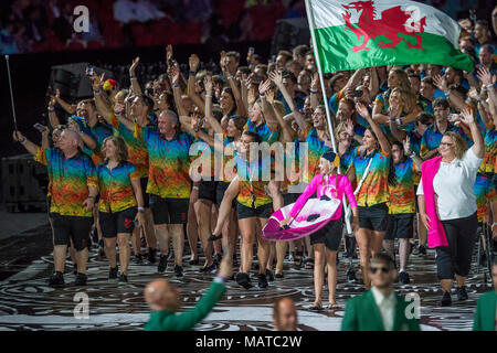 Gold Coast, Australien. 4 Apr, 2018. Wales während der Commonwealth Games 2018 Eröffnung am 4. April 2018 in Gold Coast, Australien. Credit: Gary Mitchell, GMP-Media/Alamy leben Nachrichten Stockfoto