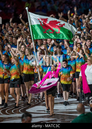 Gold Coast, Australien. 4 Apr, 2018. Wales während der Commonwealth Games 2018 Eröffnung am 4. April 2018 in Gold Coast, Australien. Credit: Gary Mitchell, GMP-Media/Alamy leben Nachrichten Stockfoto