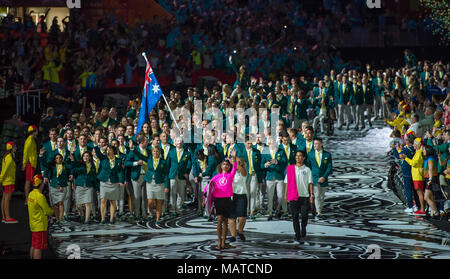 Gold Coast, Australien. 4 Apr, 2018. Team Australien während der Commonwealth Games 2018 Eröffnung am 4. April 2018 in Gold Coast, Australien. Credit: Gary Mitchell, GMP-Media/Alamy leben Nachrichten Stockfoto