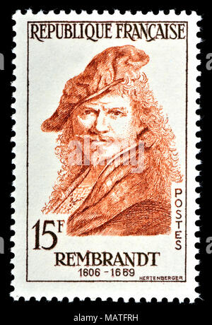 Französische Briefmarke (1957): Rembrandt Harmenszoon van Rijn (1606-1669), niederländischer Zeichner, Maler und Grafiker. Stockfoto
