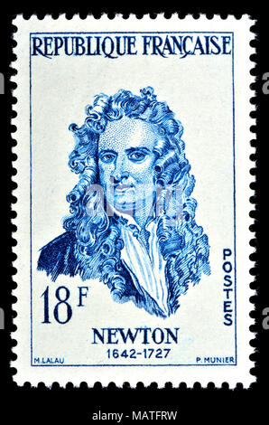 Französische Briefmarke (1957): Sir Isaac Newton (1642 - 1727), englischer Mathematiker, Astronom, Theologe, Autor und Physiker - "natürliche Philosophe Stockfoto