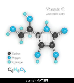 3D-Render der molekularen Modell mit molekülformel von Vitamin C auf weißem Hintergrund Stockfoto