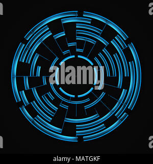 Runde blaue Labyrinth auf schwarzem Hintergrund. 3D-Rendering Stockfoto