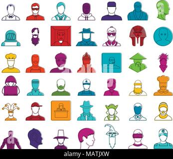 Mann avatar Icon Set, Farbe Umrisse Stil Stock Vektor