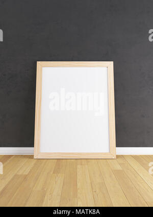 Holzrahmen mit Poster Mockup stehend auf dem Holzboden Stockfoto