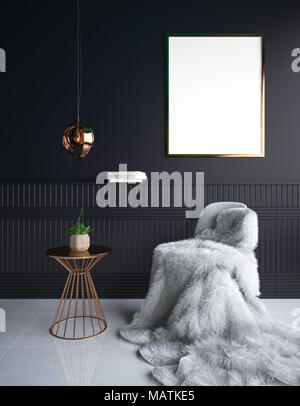 Luxus minimalistischen dunklen Wohnzimmer Interieur mit Fell am Stuhl und Poster Mockup, 3D-Rendering Stockfoto