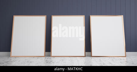 Drei Frames mit Poster Mockup stehend auf dem Holzboden. 3D-Rendering Stockfoto