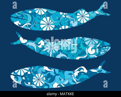 Wal mit marine Muster. Hintergrund mit Wellen, Delphine und Anker. Vektorgrafiken Stock Vektor