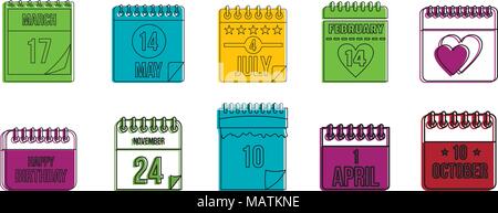 Kalender Icon Set, Farbe Umrisse Stil Stock Vektor