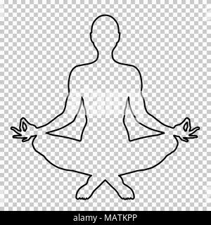 Überblick Abbildung eines Mannes sitzt im Lotussitz auf einem transparenten Hintergrund, Schablone, Yogi Silhouette. Meditation menschliche, Form, Linie Portrait, schwarze und weiße Kontur zeichnen. Vector Illustration Stock Vektor