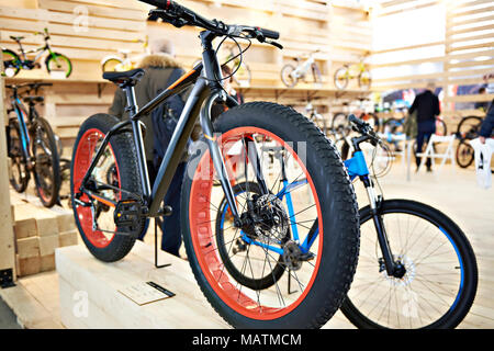 Fahrrad mit fetten Reifen im Sportgeschäft Stockfoto