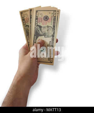 Des Menschen Hand mit einer Gruppe von 10 Dollar Scheine in einem Ventilator Form auf weißem Hintergrund. Auswahl speichern enthalten Stockfoto