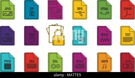 Dateityp Icon Set, Farbe Umrisse Stil Stock Vektor