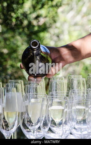 Mans hand gießt Sekt in Gläser im freien Fall. Feiern mit Champagner auf sonnigen Tag. Stockfoto