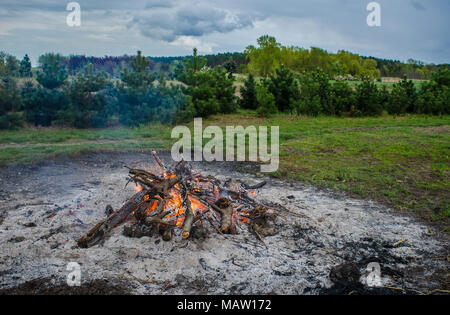 Lagerfeuer brennen mit wunderschönen grünen Landschaft im Hintergrund Stockfoto