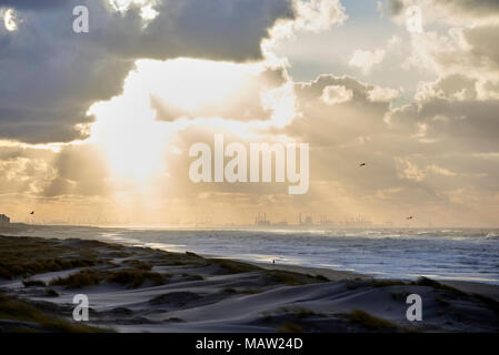 Uitzicht op Duinen, zee en bij Rotterdam Maasvlakte vanuit De Duinen in Den Haag - Blick auf die Dünen, das Meer und das Industriegebiet Maasvlakte in der Nähe von Rott Stockfoto