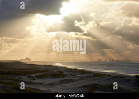 Uitzicht op Duinen, zee en bij Rotterdam Maasvlakte vanuit De Duinen in Den Haag - Blick auf die Dünen, das Meer und das Industriegebiet Maasvlakte in der Nähe von Rott Stockfoto