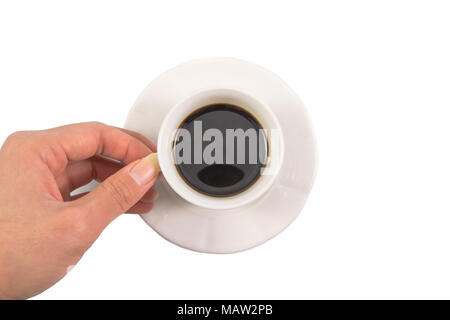 Frau Hand eine weiße Tasse heißen Kaffee, Espresso, italienischer Kaffee auf dem weißen Hintergrund, trinken Kaffee, Pause am Morgen, Zeit Konzept. Stockfoto