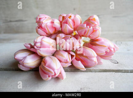 Blumenstrauß aus rosa Frühling Tulpen in voller Blüte, liegen auf hölzernen Hintergrund Stockfoto