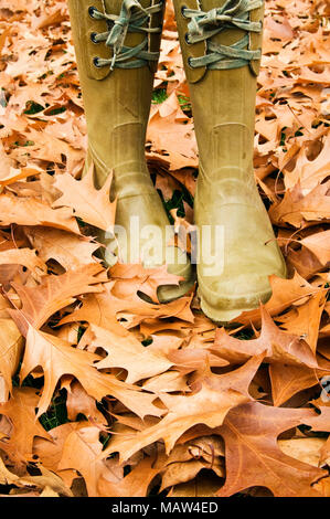 Regen Stiefel auf Blatt Blatt Gras bedeckt. Stockfoto